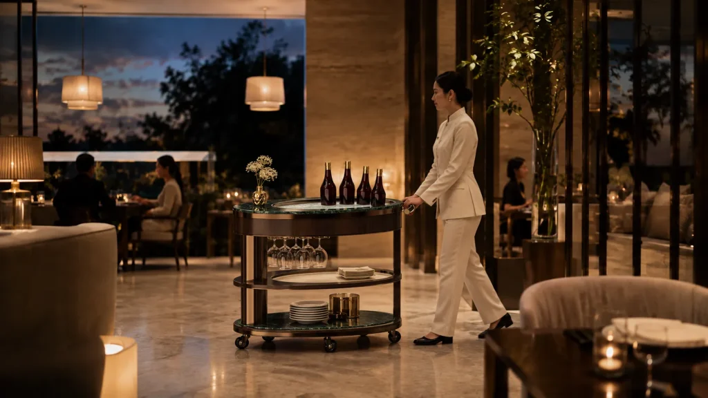 A hotel attendant moving a service trolley through the lounge